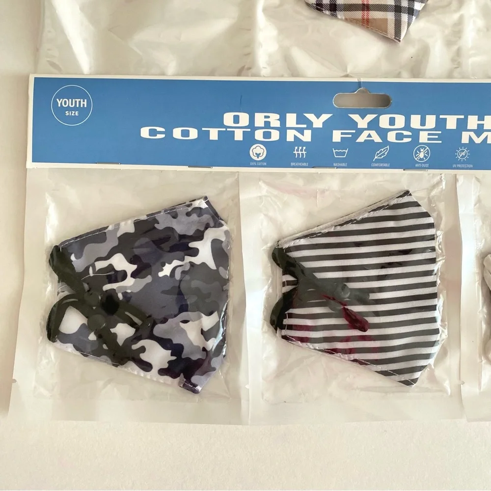 NWT Orly Youth Cotton Face Masks Multicolor Printed 3 Pack + 2 Pack Face Covers